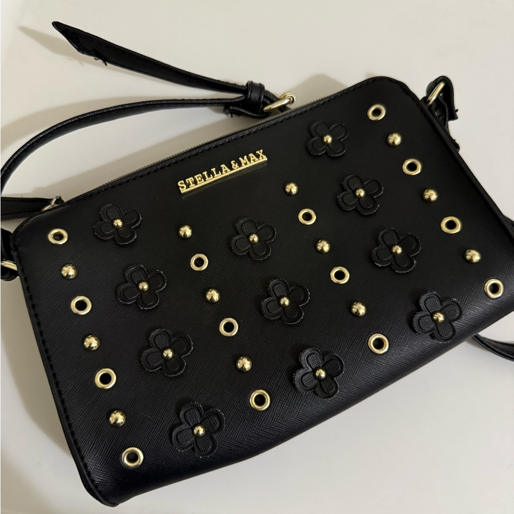 Stella & Max Black Bag with Gold Floral Details